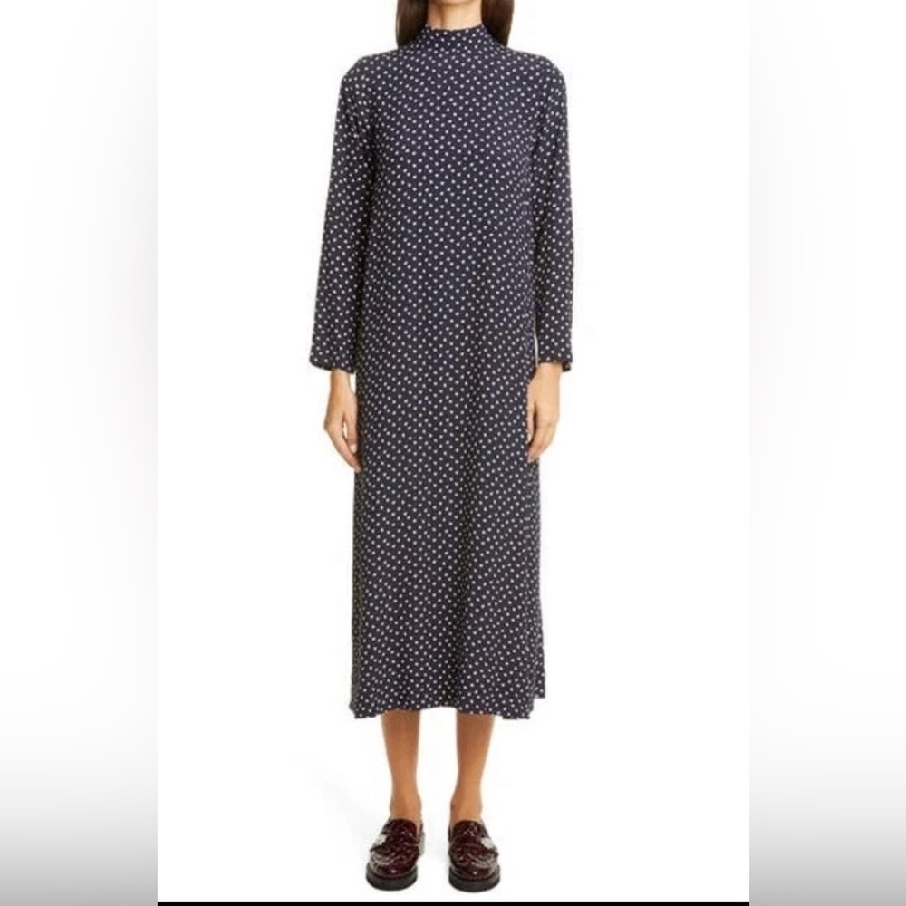 Ganni Heart Print Crepe Long Sleeve Midi Dress Navy Blue Size Small